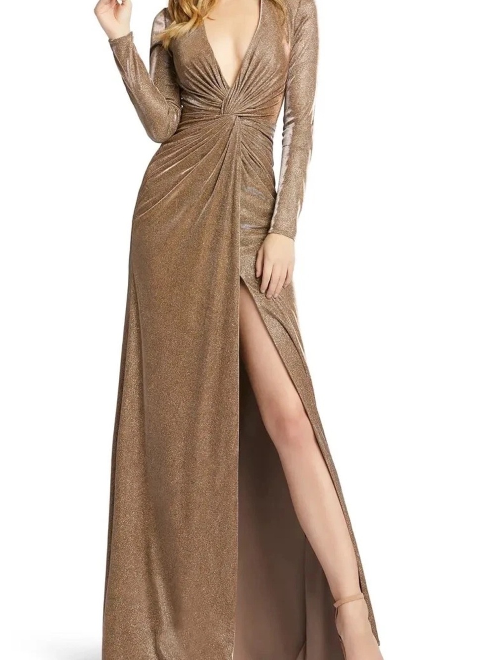 Metallic Gold Long Sleeve Plunge Evening Gown with High Slit Mac duggal 26194